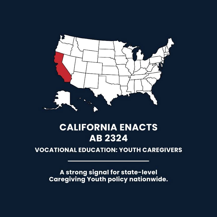 Map of the United States highlighting California and announcing AB 2324, landmark legislation recognizing youth caregivers within California's education system and advancing awareness of caregiving youth.